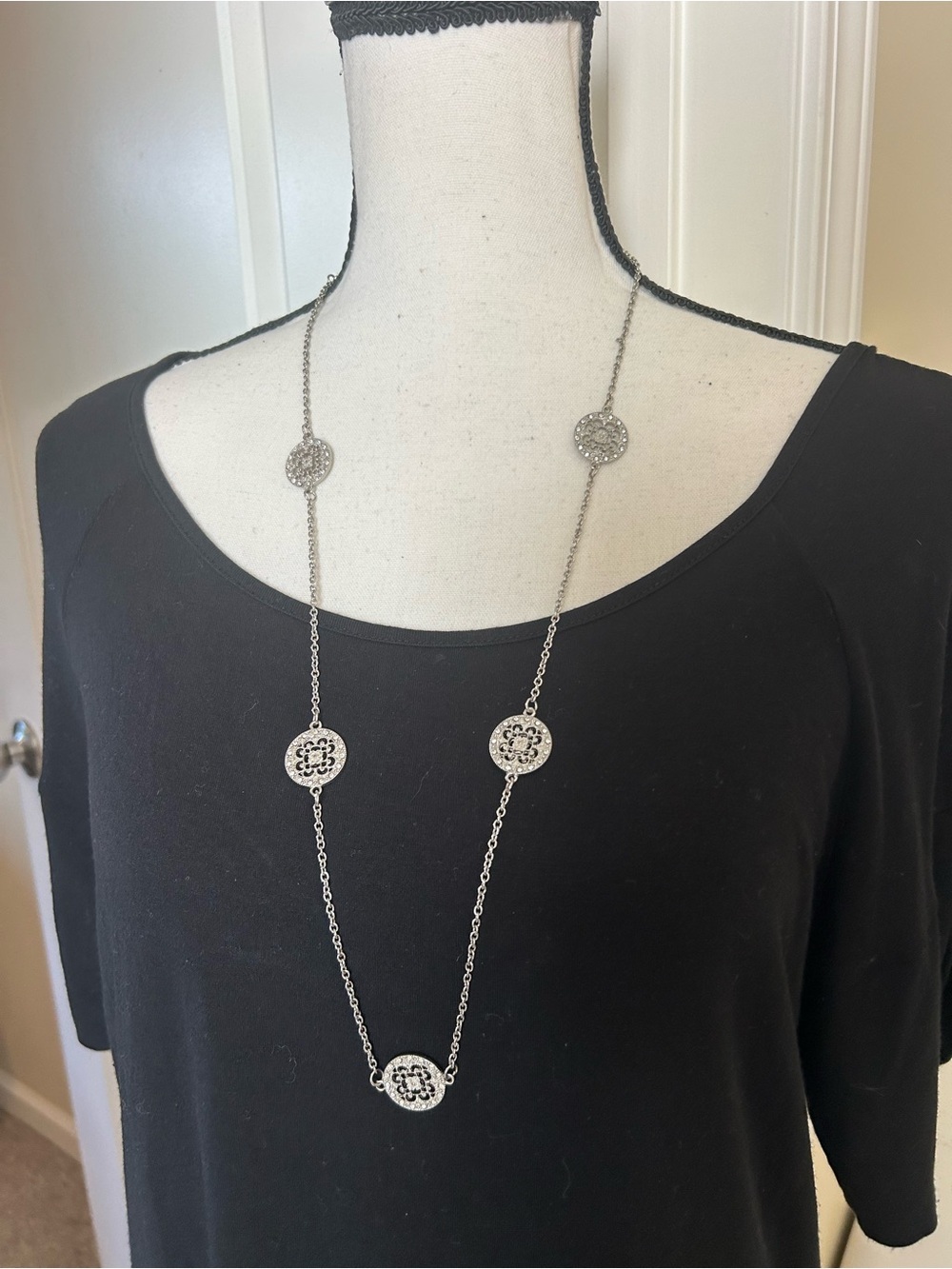 Silver Long Filigree Medallion boho Necklace